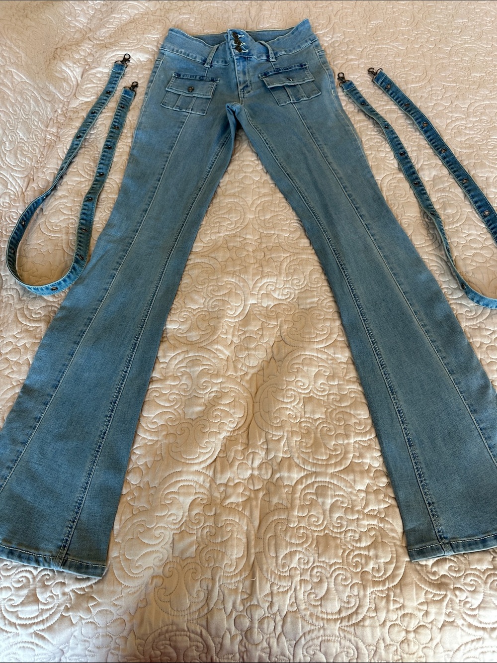 High-Rise Light Blue Flare Jeans‎ with Patch Pocket Detail